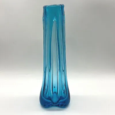 $60 • Buy Vintage Val St. Lambert Blue Art Glass 11  Tri-Corner Abstract Slim Vase Belgium
