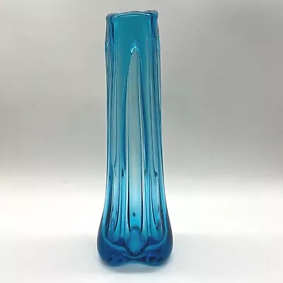 Vintage Val St. Lambert Blue Art Glass 11  Tri-Corner Abstract Slim Vase Belgium • $50