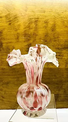 Vintage Small Hand Blown Pink & White Confetti Glass Ruffled Top Vase 5  • $23