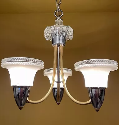 Vintage Light  1930s Three Shade Chrome Chandelier By Lightolier. • $940