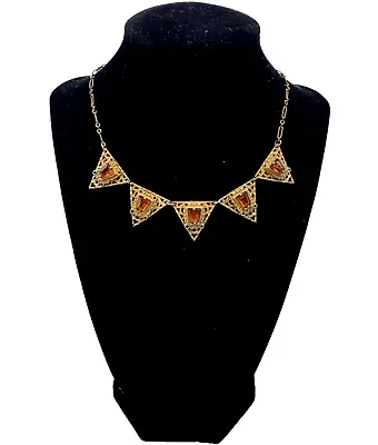 True Art Deco Czech Old Vintage Choker Necklace Citrine Crystal Brass Filigree • $150