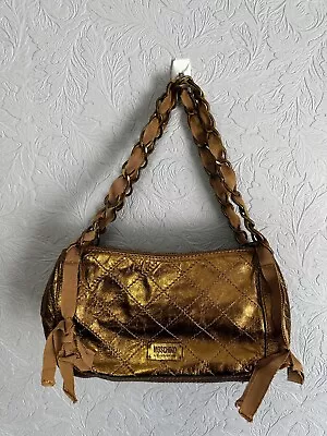 Vtg Moschino Gold Quilted Mini Bag Y2K Purse Leather Chains Ribbon • $249.89