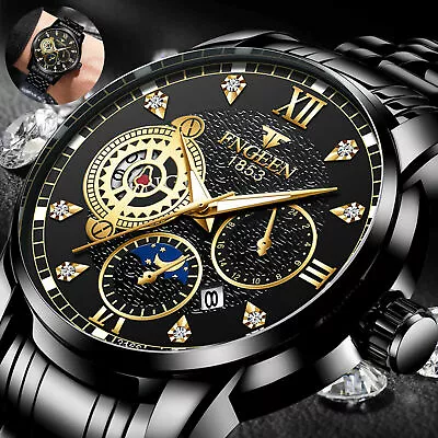 FNGEEN Waterproof Men's Quartz Watch Classic Stainless Steel Business Wristwatch • £14.39