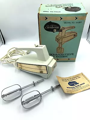 WORKS! Vintage Sunbeam Mixmaster Vista Hand Mixer Gold Stripe W Beaters & Box • $34.99