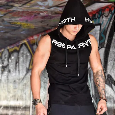 Hoodie New Mens Muscle Tank Top Bodybuilding Gym Workout Sleeveless T-Shirt Vest • £13.14