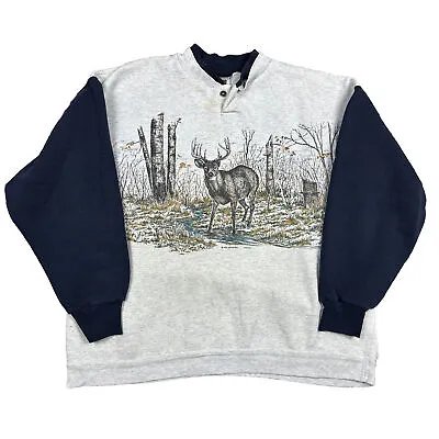 Vtg 90s AU Art Unlimited Deer Buck Nature Gray Navy Sweatshirt Mens Large 1994 • $24.99