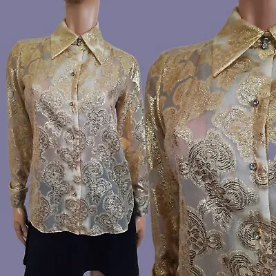 Vintage 60s Sheer Gold Blouse Rhinestone Buttons Dagger Collar Party Cocktail M • $31.09