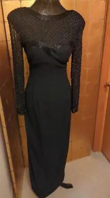 1980's Vtg. Black Beaded Silk Long Adrianna Papell Prom Evening Dress 34  Bust • $39.99