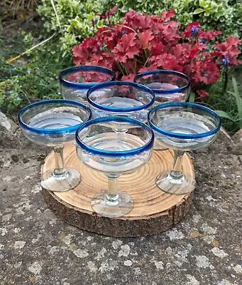 6x Hand Blown Art Glasses Margarita Martini Cocktail Bon Bon Dish Blue Turquoise • £34.95