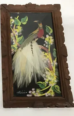 Mexican Feather Art Hand Painted Original Carved Wood Frame Vintage 10.5x6.5 In • $24.99