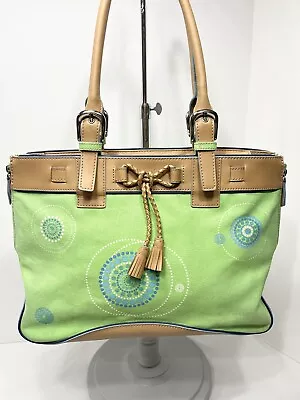 Franklin Covey Handbag Green Blue Canvas Brown Leather Trim Satchel Shoulder Bag • $27.99