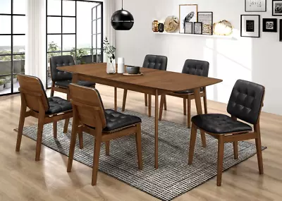 Mid Century Mod Dining Table Black Faux Leather Chairs Dining Room Furniture Set • $1199