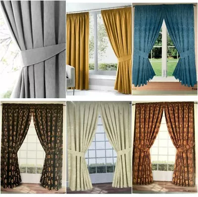 Pair Of Jacquard Pencil Pleat Curtains Tape Top Fully  Lined  • £38.98