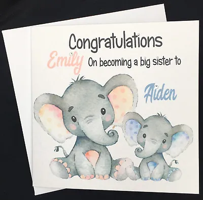 £3.99 • Buy Personalised Congrats Big Sister/brother Elephant  Birth Card, New Sibling,