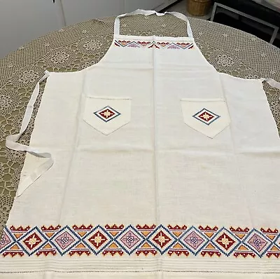 Vintage  100% Linen Apron Full Bib Hand Embroidered Borderpockets In Ivory • $35.99