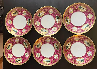 Hand Painted Japan-bone China-salad Plates Burgundy W/raised Gold Paint 7.5” • $55