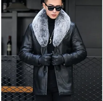 Men 100% Real Fox Fur Collar Sheepskin Leather Fur Lined Coat Jacket Outwear • $192.59