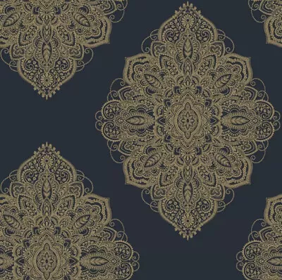 Arthouse Henna Navy Blue Gold Damask Wallpaper Metallic Shimmer Ornamental • £7.99