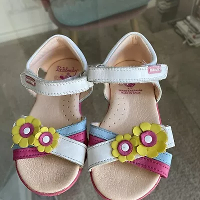 Pablosky Size 6.5 (23) Girls Flower Sandals White Leather Hook And Loop Ankle • $16.99