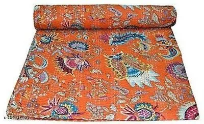 Indian Vintage Orange Print Kantha Quilt Bedspread Single Blanket Cotton Throw • £46.45