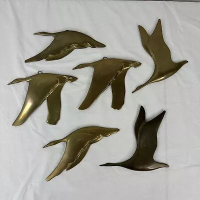 Set/6 Vintage Solid BRASS FLYING Geese Duck Birds Hanging WALL DECOR Mid-Century • $99.99