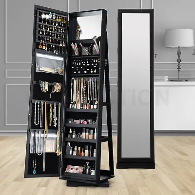 Rotatable Mirror Jewellery Cabinet Makeup Freestanding Jewellery Organiser Black • $219.95