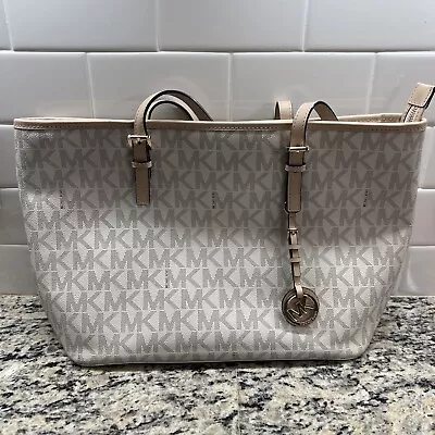 Michael Kors Shoulder Bag Tote Large MK All Over Canvas White  • $59.88