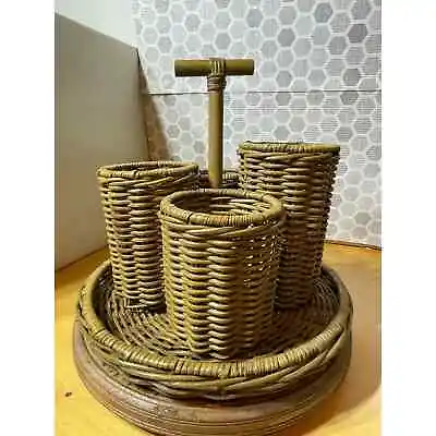 Rare Vintage Woven Bamboo Wicker Rattan 4 Tiered Caddy With Handle • $119