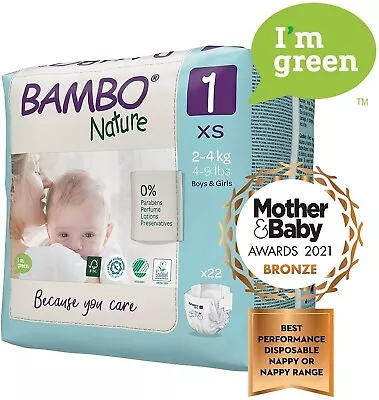 2xBambo Nature Premium Eco Nappies New Born Size 1 4-9lb/2-4kg Pack Of 22 • £8.98