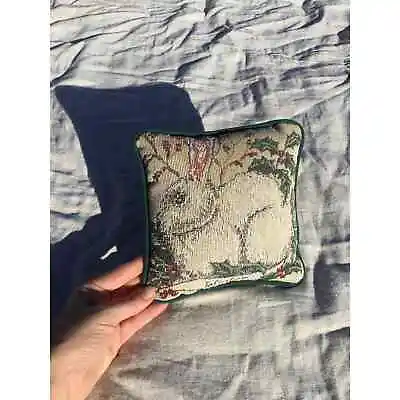 Vtg Bunny Square Tapestry Pillow 8” Winter Easter Rabbit Farmhouse Green White • $31