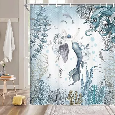 Mermaid Shower Curtain Sea Ocean Octopus Coral Reef Fish Seashell Jellyfish ... • $32.77