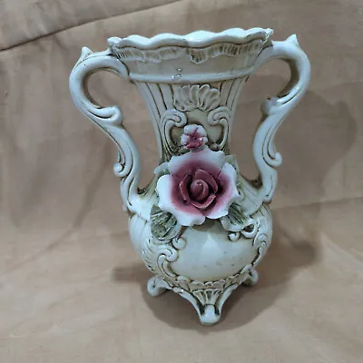 Vintage Italian Capodimonte White And Flowers Design Vase Made In Italy 10 Inch • £46.99