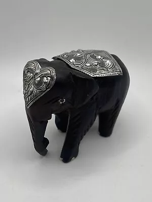 Vintage Hand Carved Wooden Elephant W Silver Metal Decorations • $9.99