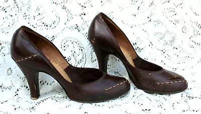 Vintage 1940's Brown Leather 3  Pumps / Shoes SZ 6 - 6.5 Very Rockabilly • $102.75