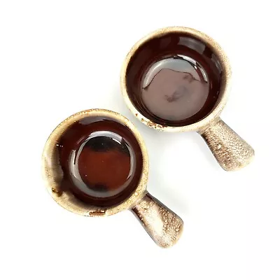 Vintage McCoy Soup Chili Bowl With Handle 7050 Brown Pottery Drip Glaze Set 2 • $12.95