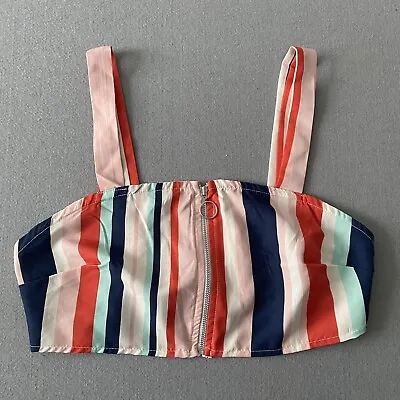 Nasty Gal Crop Top 10 Womens Multicoloured Striped Strappy Front Zip Bralette • £3.55