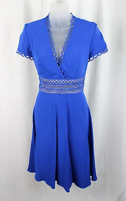 NK32 Naeem Khan Women's Blue Scalloped Edge Short Sleeve Knee Length Dress 4 • $84.15