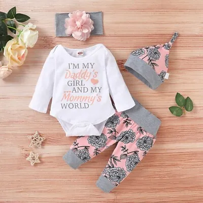 4Pcs Baby Girls Romper Tops Floral Pants Headband Hat Clothes Outfit Set AU • $19.99