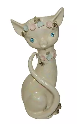 Vintage Lefton Iridescent White Jeweled Siamese Cat Vase With Applied Flowers • $54.99