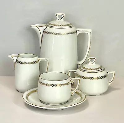 Vintage Coffee Set For 1 Pot Cup Saucer Sugar Milk Jug 1933 Porcelain 7 Pc 1930s • £28