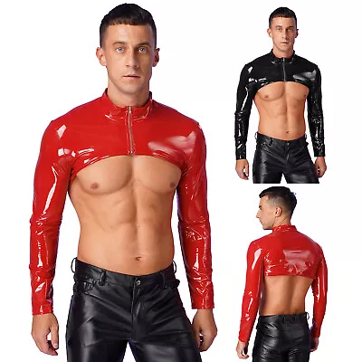 UK Men Patent Leather Zipper Tank Tops Shiny Shrug Muscle T-Shirt Party Clubwear • £6.43