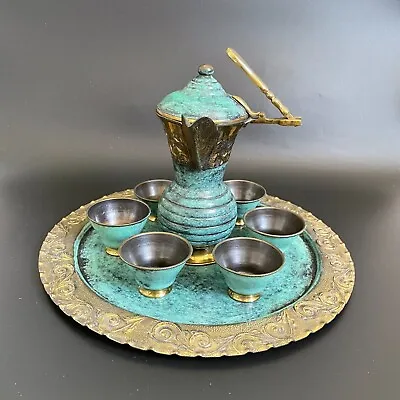 VTG Oppenheim Israel Hammered Brass Verdigris Dallah Coffee Pot Cups & Tray Set • $253