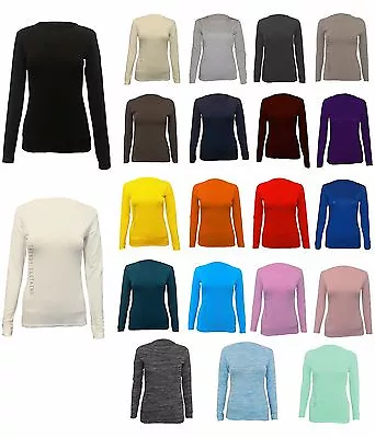 Womens Long Sleeve Stretch Plain Round Scoop Neck T Shirt Top • £3.50