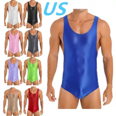 US Mens Glossy Stretch Bodysuit Jumpsuit Sleeveless U Neck Leotard Swimwear • $10.28