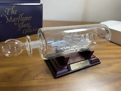 Mayflower Glass Sculpture 19th Century Tea Clipper Ship In Bottle W Wooden Stand • $29.99