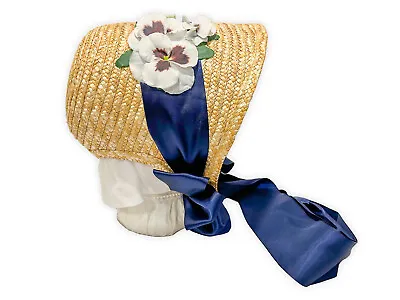 Austentation Civil War Style Victorian Spoon Bonnet With Pansies And Blue Ribbon • $75