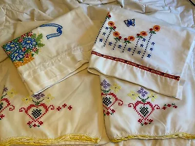 Vtg Pillowcases Linen Embroidered Crochet Trim Floral Mixed Standard Sz Lot Of 4 • $39