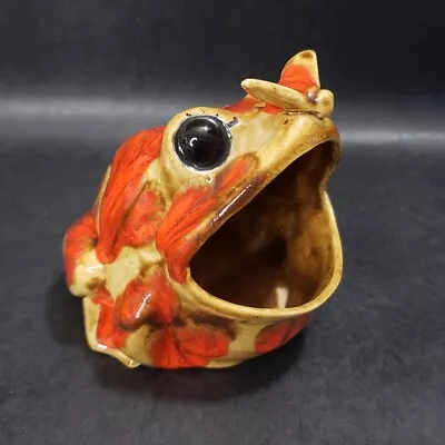 Vtg Scrubber Frog Sponge Holder Open Mouth W/ Fly Orange Brown Glazed Ceramic • $14