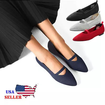 Women Ballet Flats Pointed Toe Knit Mesh Comfort Slip On Dress Mary Jane Shoes • $15.99