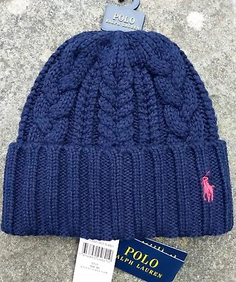 Genuine POLO RALPH LAUREN Navy Cable Knit 25% Wool HAT BEANIE Tags 449900237001 • £65